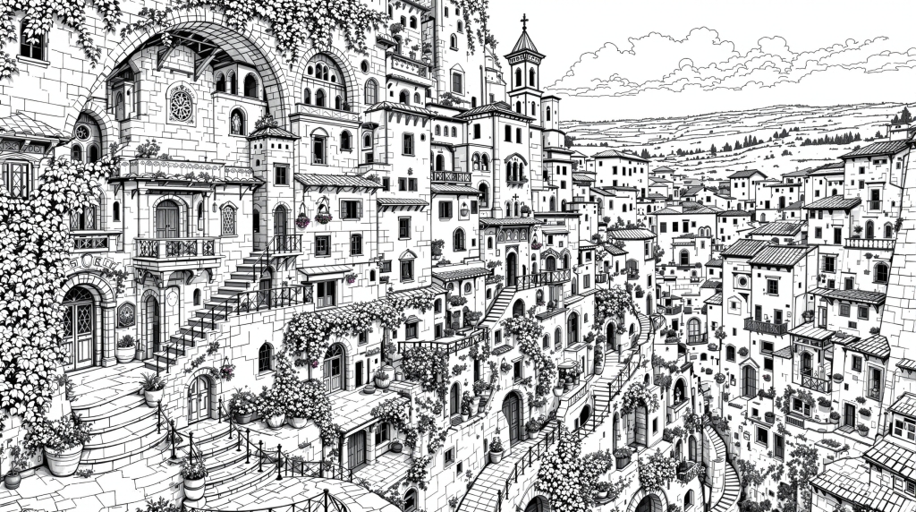 イタリア・マテーラの洞窟住居サッシの精密な大人の塗り絵 - 石灰岩の崖に刻まれた古代建築