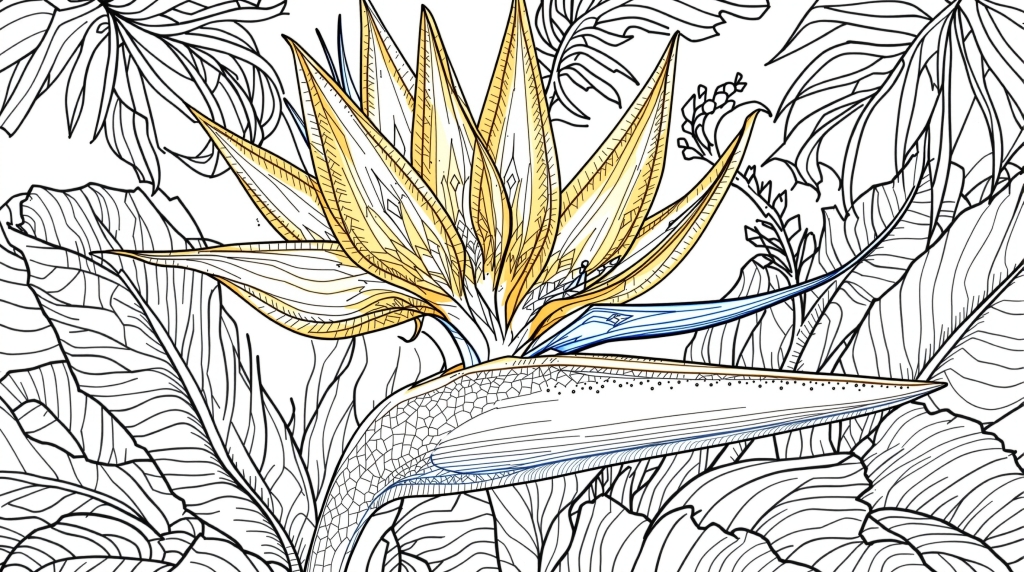 An intricate Bird of Paradise flower coloring page featuring detailed botanical line art with partial golden coloring demonstration.