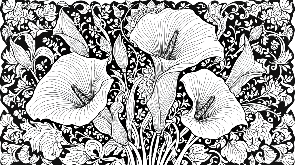 An elaborate calla lily coloring page featuring three ornate flowers with intricate Art Nouveau decorative border patterns.