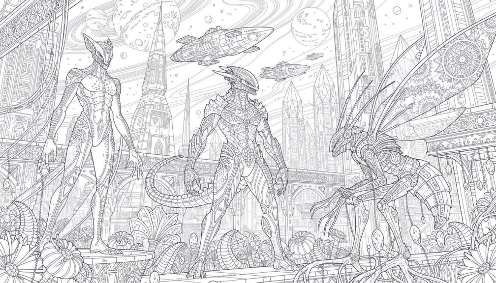 Uma página de colorir elaborada de civilização alienígena apresentando três seres extraterrestres detalhados cercados por uma paisagem urbana avançada com torres cristalinas e naves espaciais exóticas.