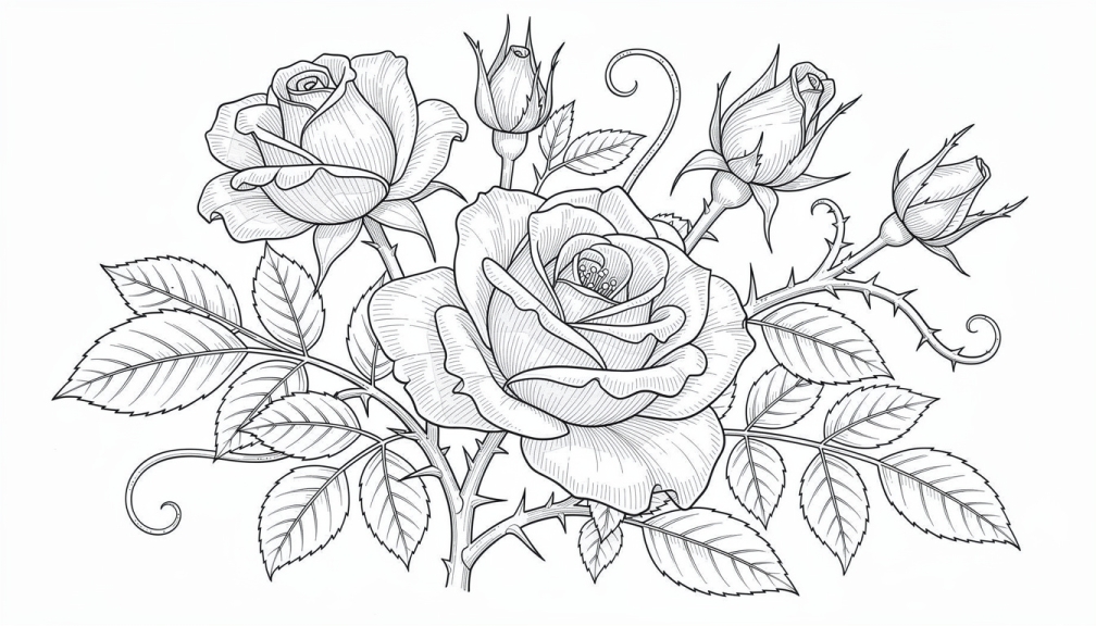 En sofistikerad botanisk färgläggningssida som visar tre realistiska rosor i olika blomningsstadier med utsmyckade snirklar och intrikata detaljer.