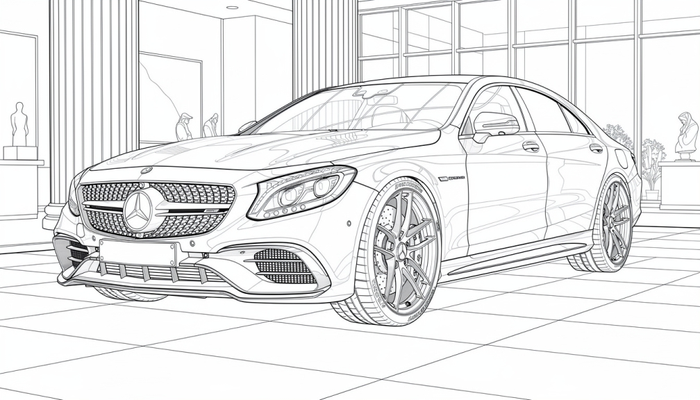 Un coloriage détaillé d'un modèle exclusif Mercedes-Benz présentant des roues AMG complexes, une calandre étoilée illuminée et un cadre luxueux de showroom.