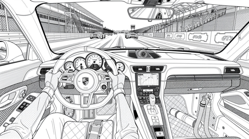 Racing from behind the wheel of a Porsche 911 GT3 at full speed on the track.