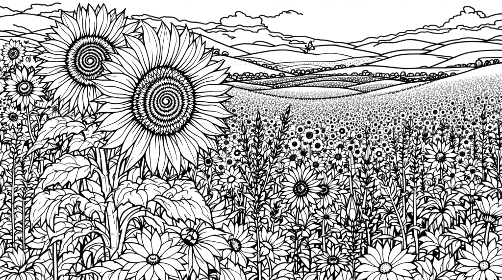 精緻なひまわり畑の塗り絵 - 野草と広大な風景を描いた大人向けぬりえページ