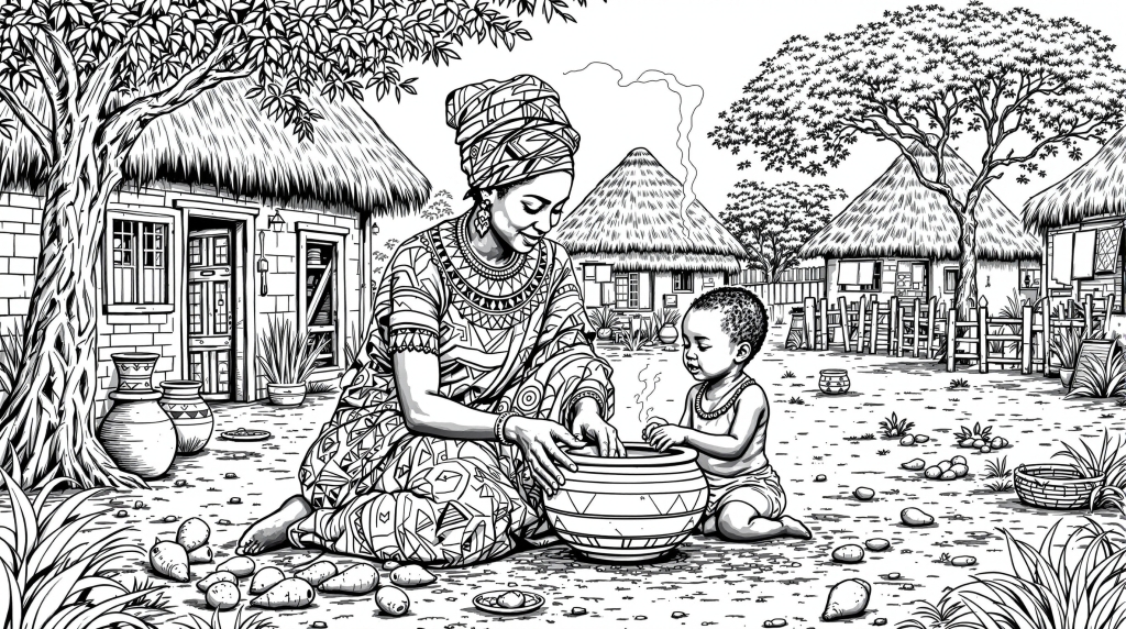 En afrikansk kvinde og barn forbereder tapiokamel i en traditionel landsbymiljø med indviklede kulturelle detaljer.