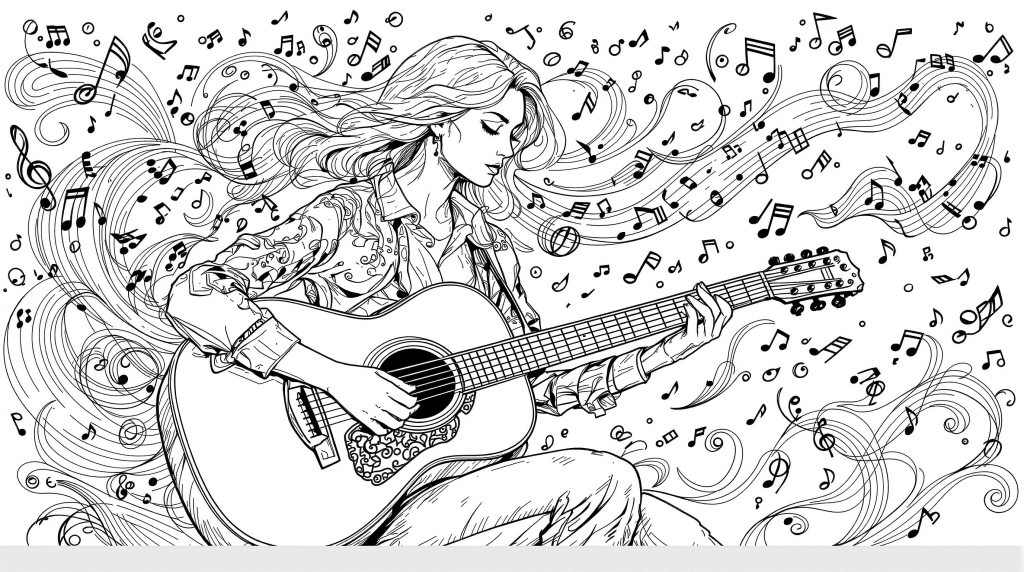 アコースティックギターを奏でる現代的な女性と音符が舞う大人の塗り絵