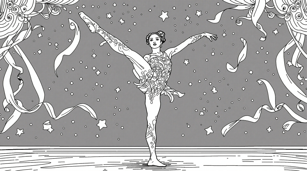 優雅なアラベスクポーズのバレエダンサー塗り絵 - 繊細な花の装飾と星空の背景