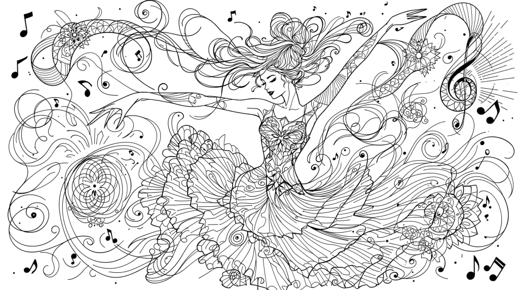 モダンダンスぬりえ - 優雅なポーズの女性ダンサーと装飾的な模様が美しい大人の塗り絵