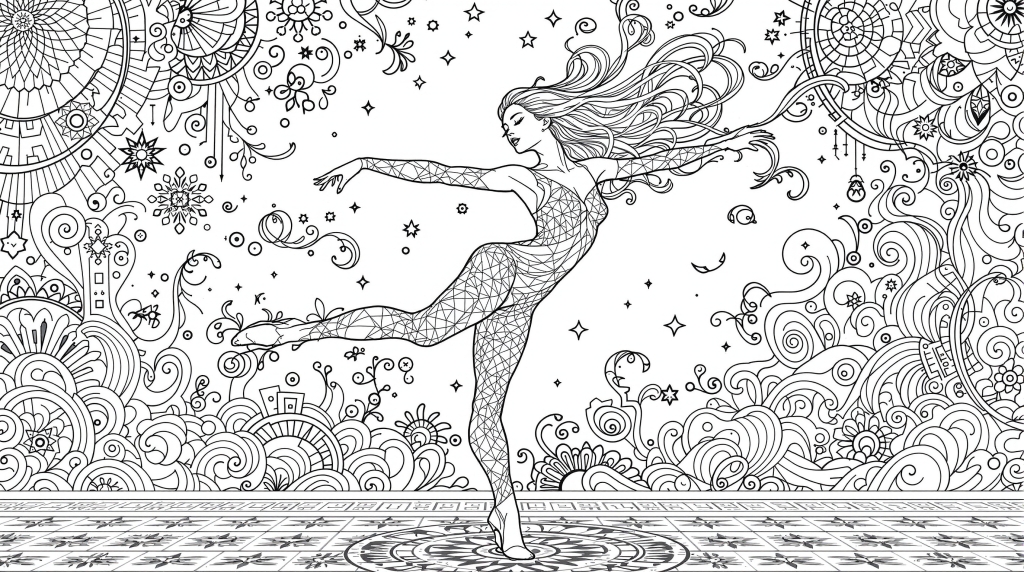 En sofistikerad samtida dans-färgläggningssida med en ung kvinna som utför en elegant arabesk omgiven av himmelska mandala och dekorativa mönster.