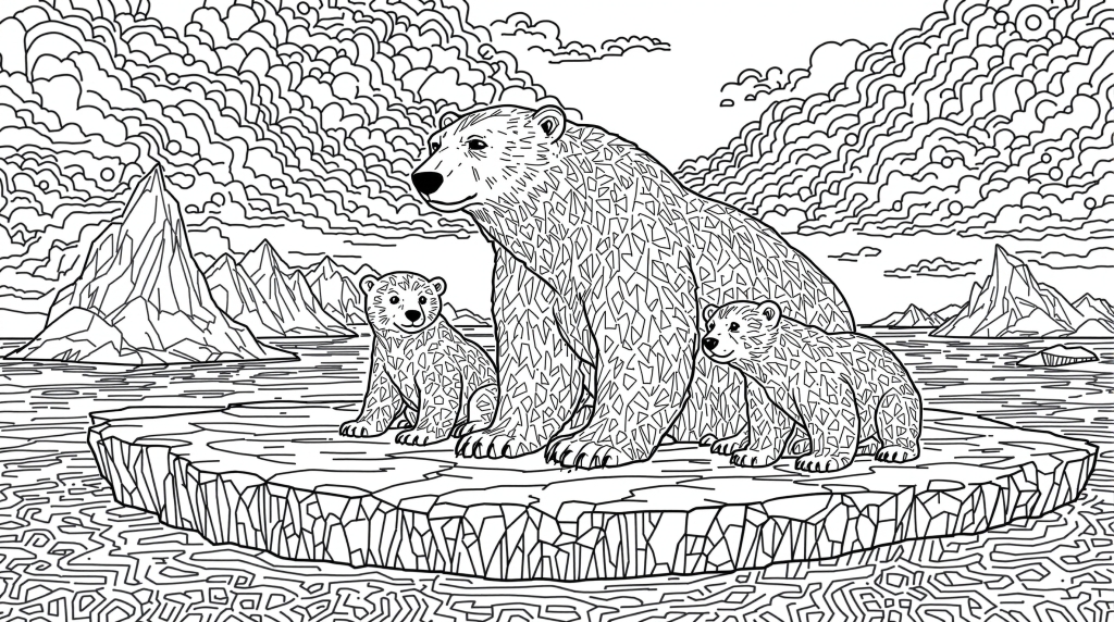 En detaljeret isbjørnfamilie farvelægningsside med komplekst arktisk isflage landskab og udarbejdede linjemønstre.