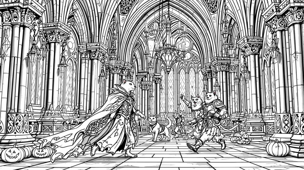 中世の城の室内で踊る人物を描いた精巧な塗り絵 - ゴシック建築と衣装をまとった人々の詳細な大人向けぬりえ