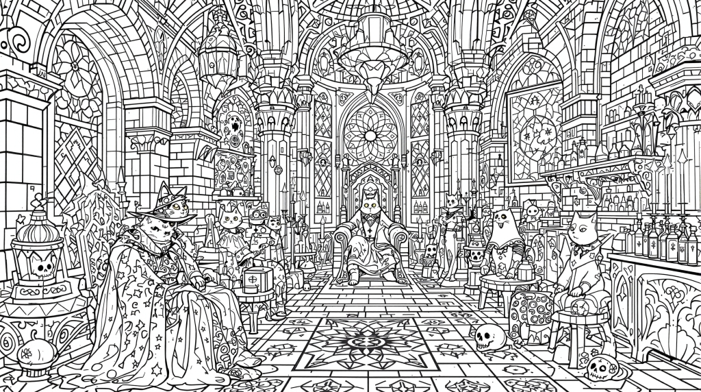 ハロウィン衣装を着た猫たちが集う、不気味な中世の城ホールの塗り絵