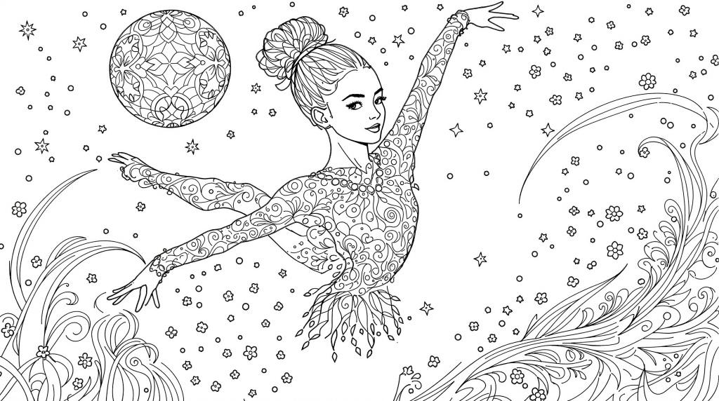 新体操選手の優雅なアラベスクポーズと装飾的なボールを描いた繊細な大人の塗り絵