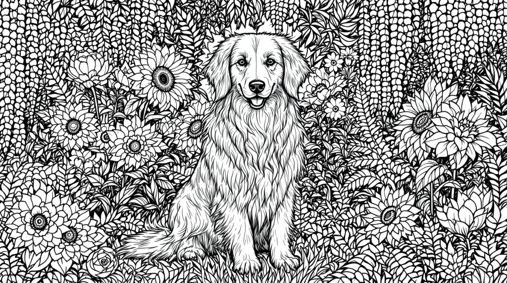 En elegant langhåret hund sidder majestætisk blandt smukke blomster i en indviklet botanisk have farveside.