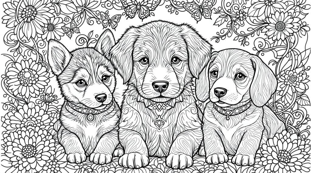 Tre søde hvalpe farvelægningsside har indviklede blomsterbaggrunde og detaljerede raceegenskaber til avanceret voksenfarvelægning.