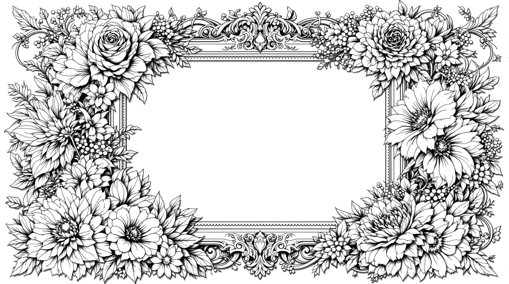 バロック様式の華やかな花のボーダーが特徴的な長方形フレームの大人の塗り絵