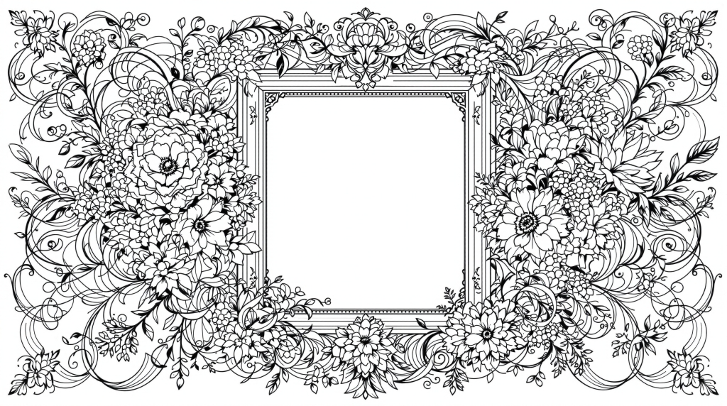 優雅な装飾フレームの塗り絵 - 華やかな植物モチーフが縁から溢れ出すデザイン