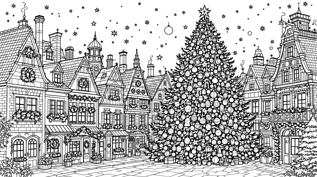 A complex Christmas village coloring page featuring Dutch architecture with snow and decorated Christmas tree.