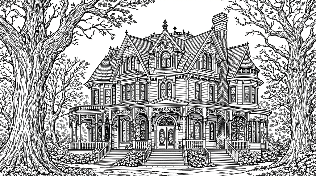古代の森に佇む不気味なビクトリア様式の幽霊屋敷 - 精緻な建築ディテール満載の大人の塗り絵