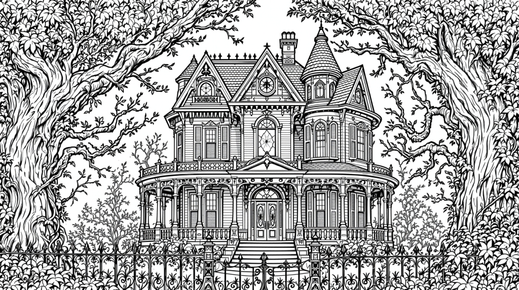 ヴィクトリア朝の屋敷と深い森が織りなす不気味なお化け屋敷の大人の塗り絵 - 装飾的な鉄柵と繊細なディテール