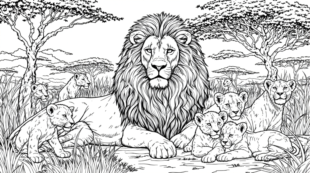 雄大なライオンの群れの塗り絵 - たてがみが美しい雄ライオンと雌ライオン、かわいい子ライオンたちのアフリカサバンナシーン