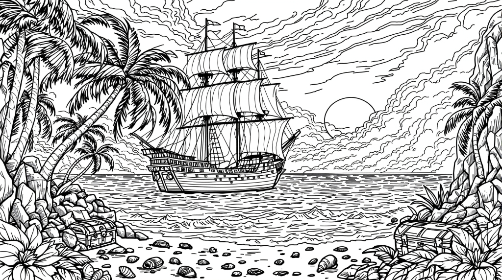 夕日に輝く熱帯の海を航海する壮大な海賊船ガレオン - 上級者向け塗り絵