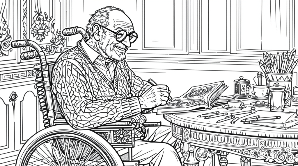 En äldre gentleman med glasögon sitter i en utsmyckad rullstol vid ett viktorianskt bord med en öppen bok.