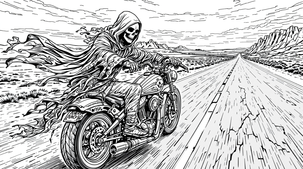 死神がクラシックバイクで走る果てしない砂漠のハイウェイ - 緻密な線画の大人の塗り絵