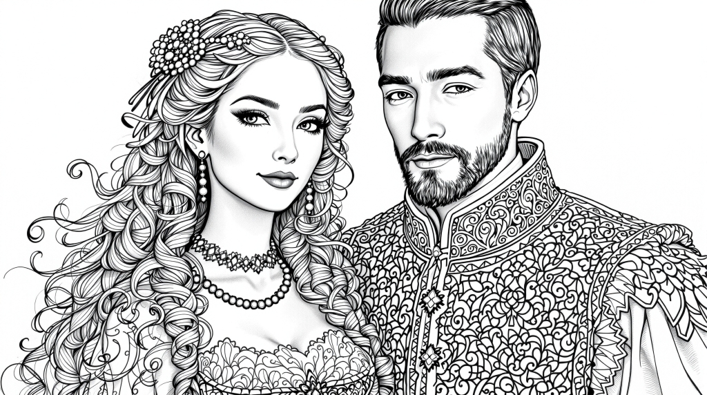 En elegant renässanspar färgläggningssida med intrikata periodkostymer och detaljerat porträtt.