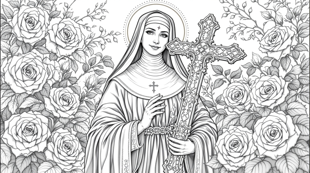 En invecklad målarsida av Heliga Rita av Cascia med detaljerade rosor och prydligt krucifix för avancerade vuxna färgläggare.