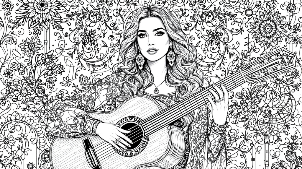 アコースティックギターを持つ女性と華麗な花柄模様の繊細な大人の塗り絵