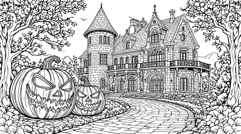 ハロウィンの幽霊屋敷と秋の木々、ジャックオーランタンの精巧な大人の塗り絵ページ - 塔とバルコニー付き