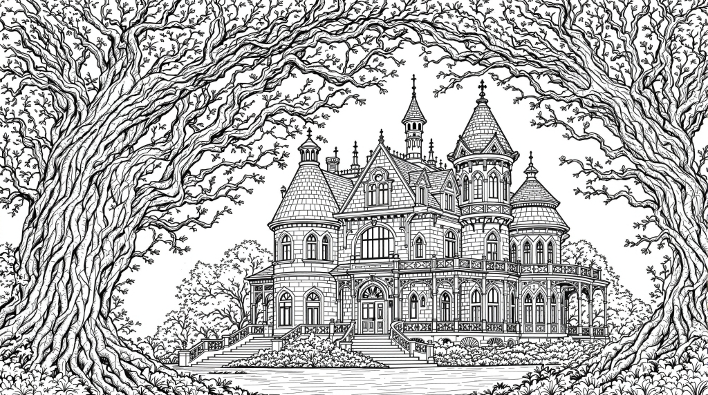 精巧なゴシック様式の大邸宅の塗り絵 - 古木のアーチと細密な建築ディテール