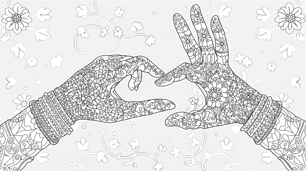 En intrikat svart-vit färgläggningssida med två elegant positionerade händer med detaljerade mandala-mönster och blomsterdekorationer.