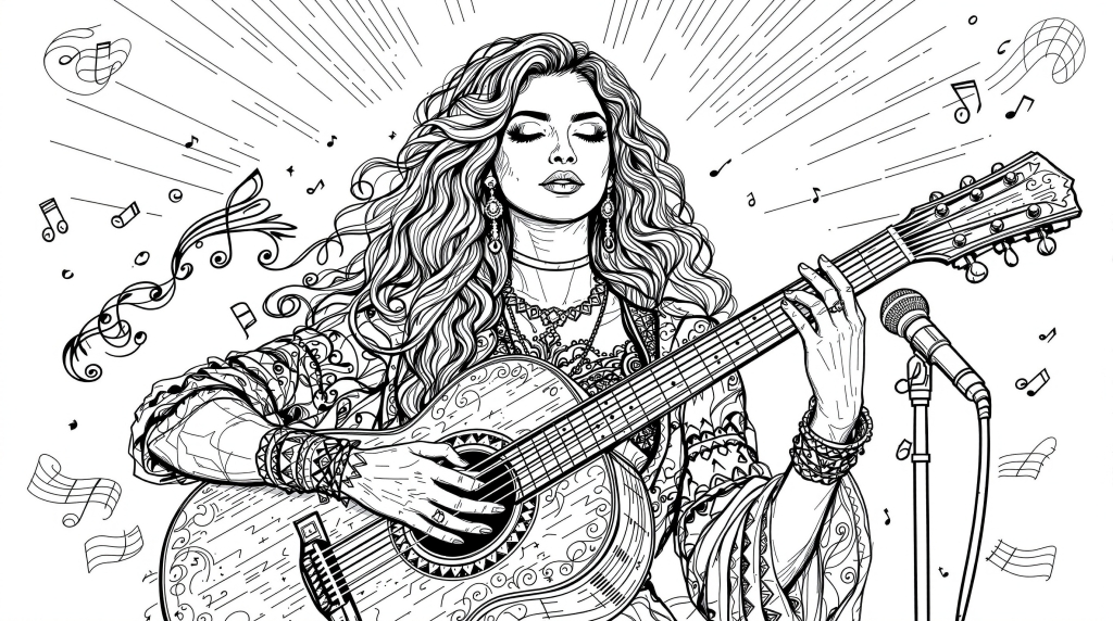 ブラジル人歌手マリリア・メンドンサがアコースティックギターを演奏する精密な線画ポートレート塗り絵