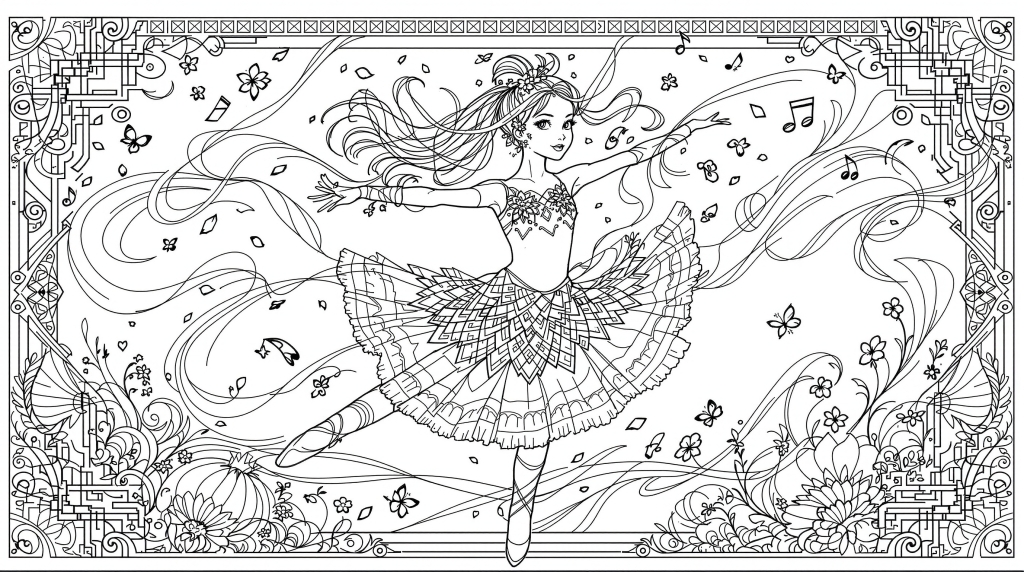 優雅なモダンダンスを踊る少女の塗り絵 - アールヌーボー様式のコンテンポラリーバレエアート