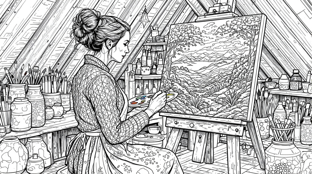 En kvinnlig konstnär som målar vid sitt trästaffli i en solbelyst vindsstudio omgiven av konstmaterial.