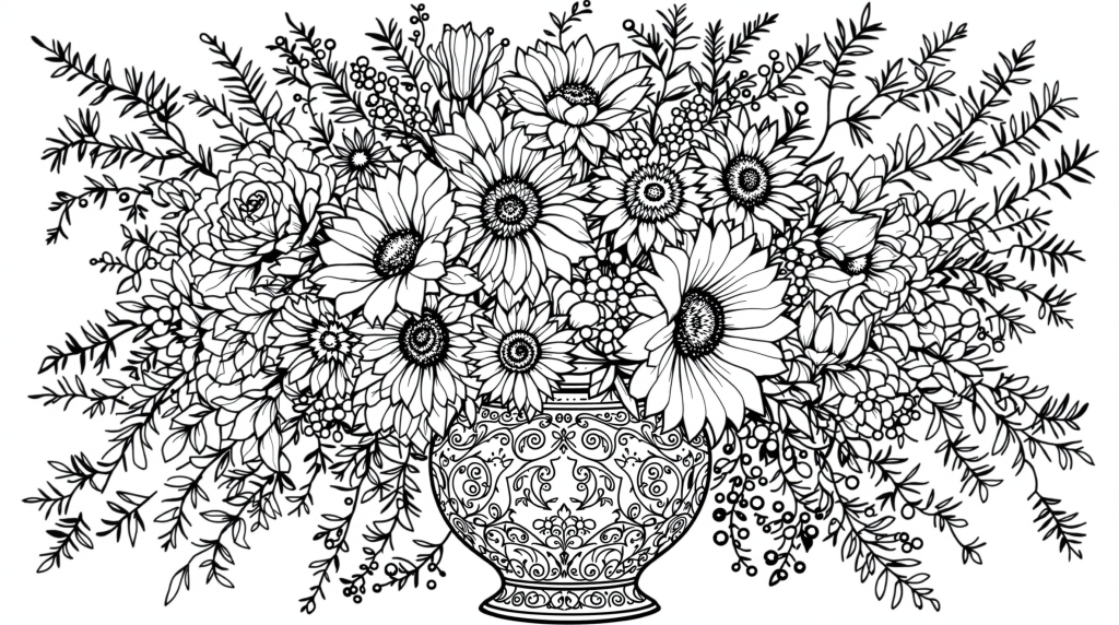 豪華な花瓶に溢れる多種多様な花々のシンメトリックな植物画塗り絵