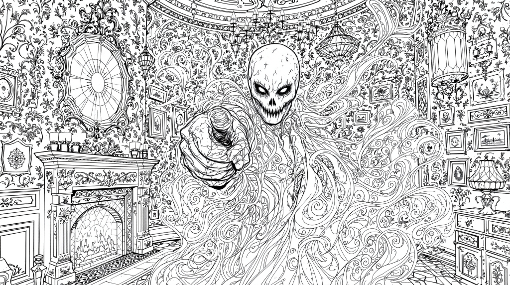 骸骨の幽霊が指差すヴィクトリア朝のお化け屋敷 - 精巧な塗り絵