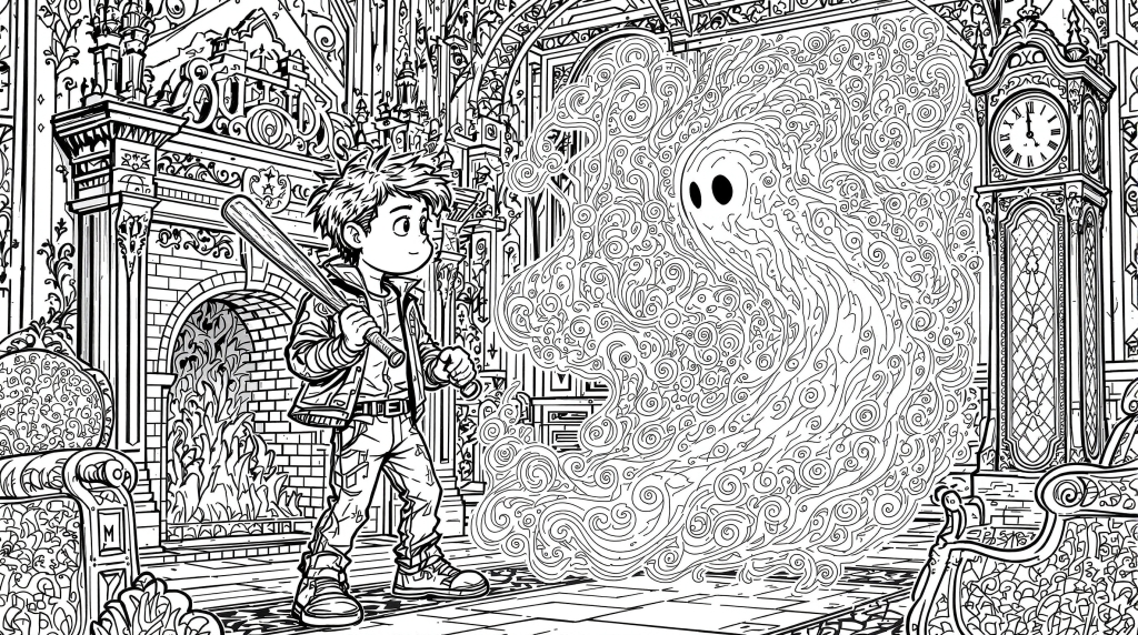 野球バットを持つ勇敢な少年がゴシック様式の幽霊屋敷で渦巻く亡霊と対峙する塗り絵