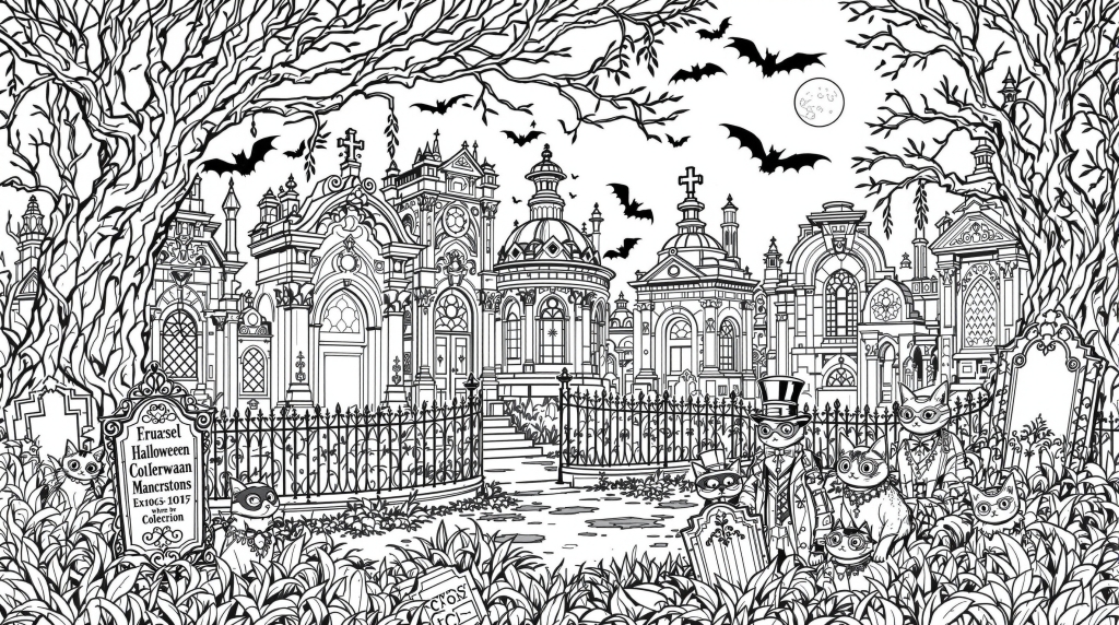 精巧なゴシック建築が魅力のハロウィン墓地の塗り絵 - 緻密な大人向けデザイン