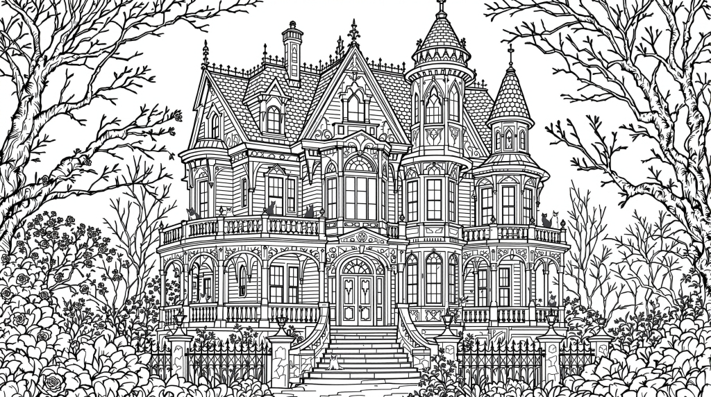 ビクトリア朝のお化け屋敷の塗り絵 - 精巧なゴシック建築とアーキテクチャディテールが楽しめる大人の塗り絵