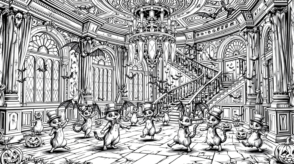 ハロウィン衣装を着たクマたちが踊る華麗なヴィクトリア朝舞踏会の大人の塗り絵