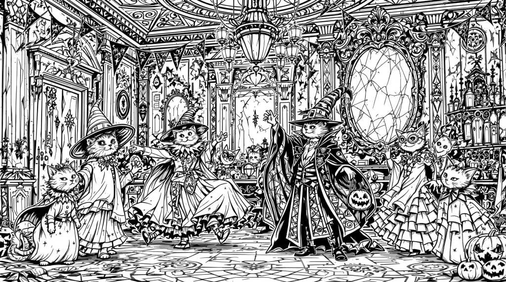 ハロウィン衣装を着た猫たちのヴィクトリア朝パーティー｜大人の塗り絵