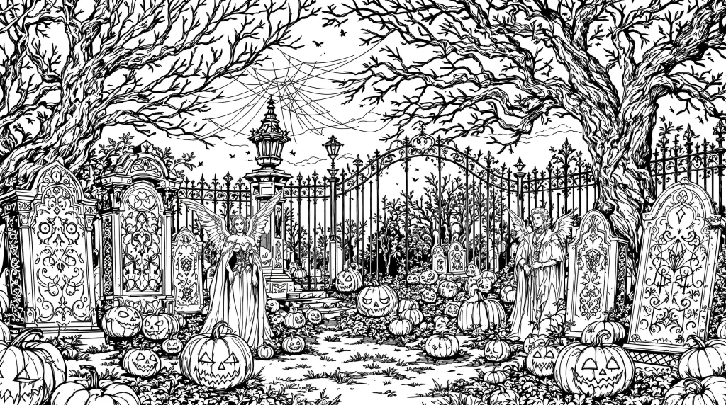 En intrikat Halloween monster fest farvelægningsside med vampyrer der fejrer på en udsmykket viktoriansk kirkegård.