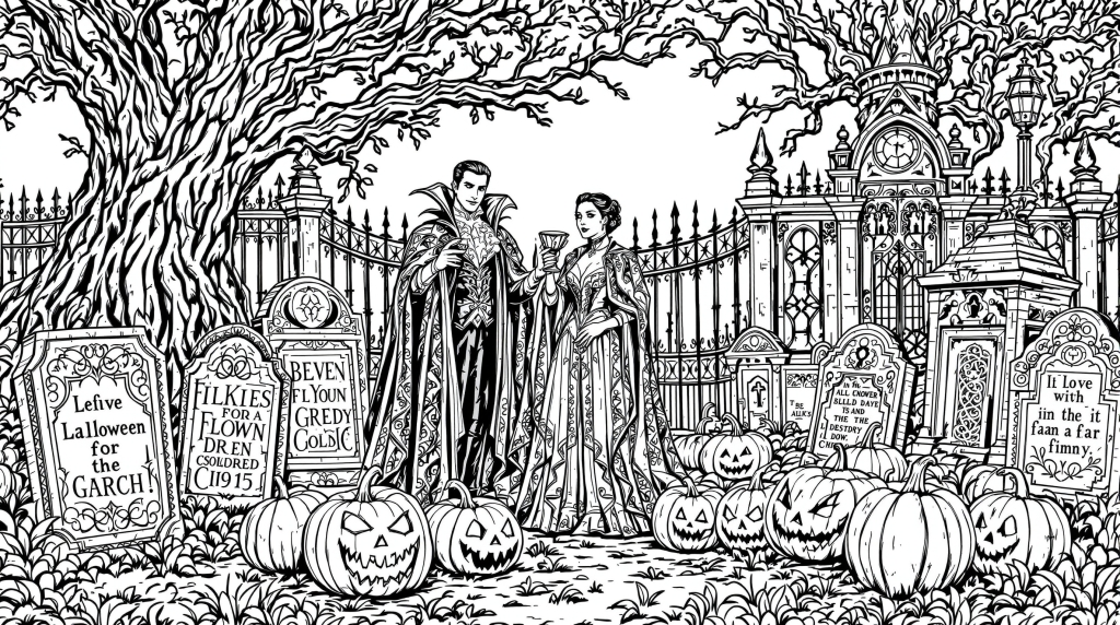 En udførlig Halloween-kirkegårdsfest farvelægningsside med to viktorianske vampyrer omgivet af udsmykkede gravsten og udskårne græskar.