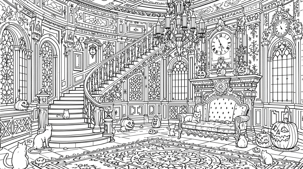 En intrikat viktoriansk herregård interiør farveside med elegante katte og Halloween græskar i ornamental arkitektonisk indstilling.