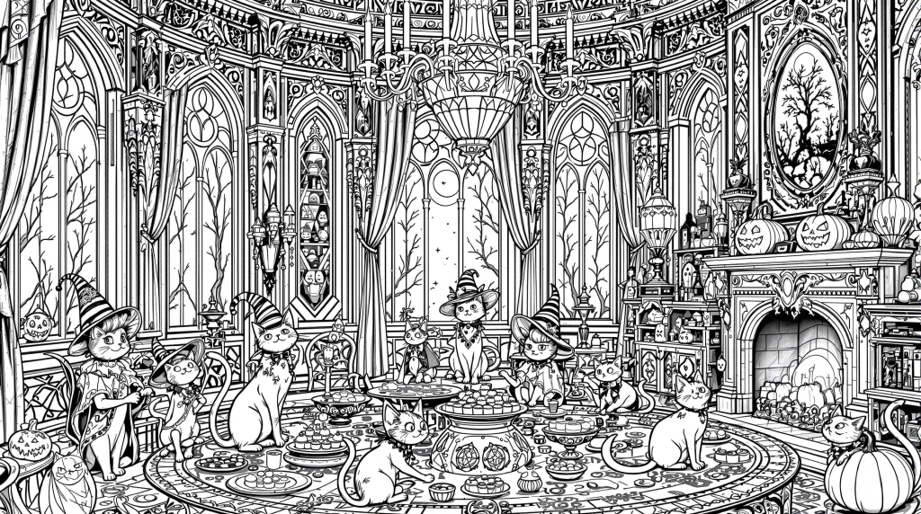 En detaljeret Halloween kattefest farvelægningsside med elegante katte, der fejrer inde i et ornamenteret viktoriansk spøgelseshus interiør.