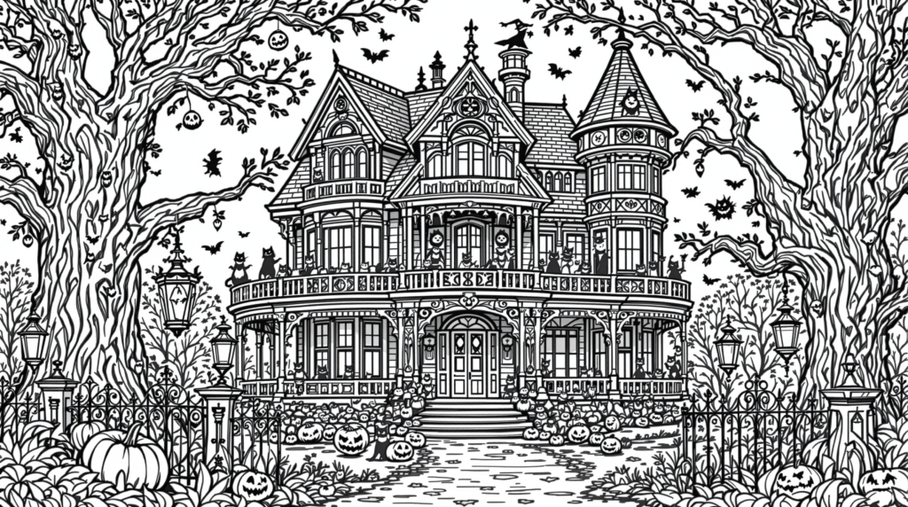 En indviklet victoriansk spøgelseshus farvelægningsside med udarbejdede arkitektoniske detaljer indrammet af snoede træer.