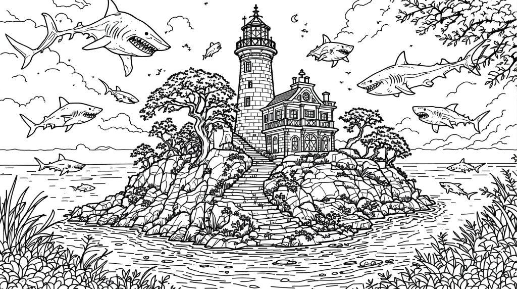 幻想的な灯台の島の塗り絵 - 海と空を泳ぐサメの緻密なデザイン